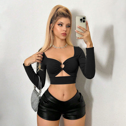 Women Clothing Street Fashionable T shirt Short Autumn Winter Cropped Exposed Design Long Sleeved Top