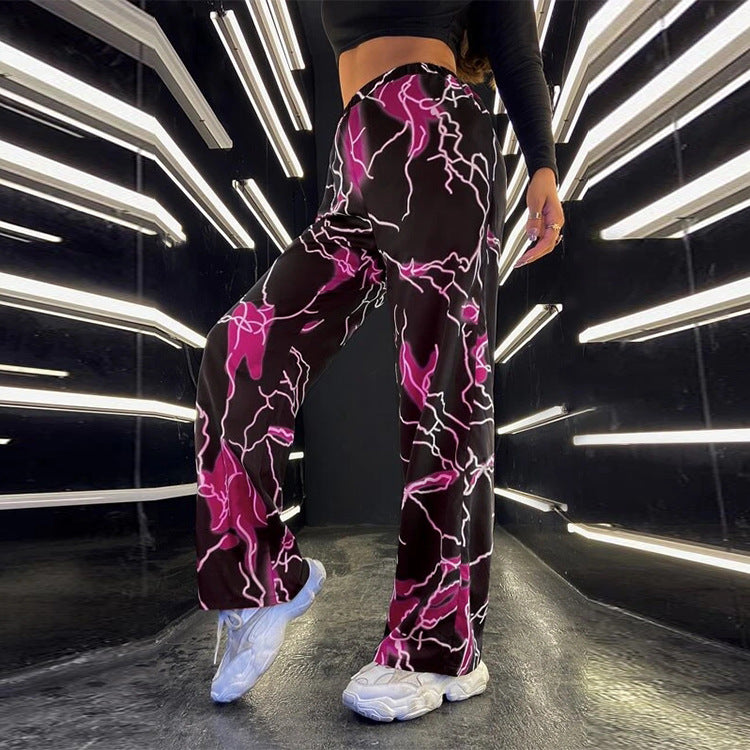 Summer Women Sport Pants Trousers Printed Lightning Casual Dance Straight Wide Leg Pants Women