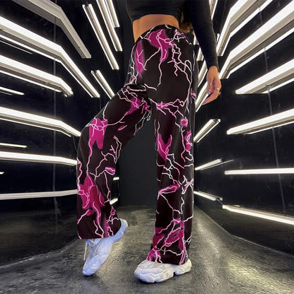 Summer Women Sport Pants Trousers Printed Lightning Casual Dance Straight Wide Leg Pants Women