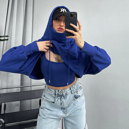 Crop Drawstring Solid Color Hoodie with Tank