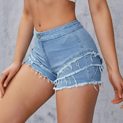 Summer Women Jeans Multi Layer Frayed Stretch Denim Shorts
