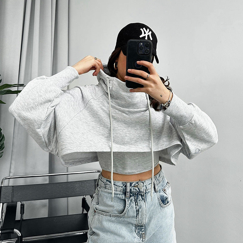 Crop Drawstring Solid Color Hoodie with Tank