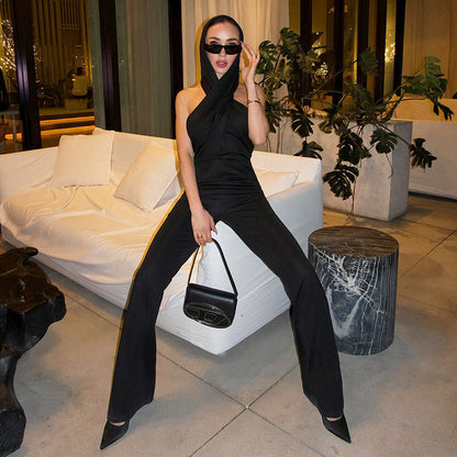 Black Backless Hooded Jumpsuit Women Clothing Sexy Design