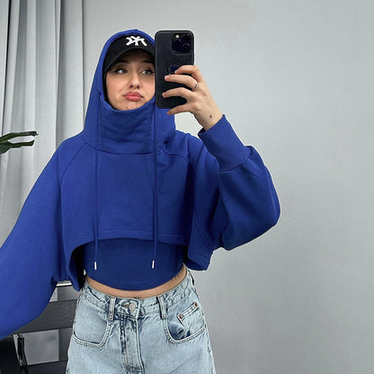 Crop Drawstring Solid Color Hoodie with Tank