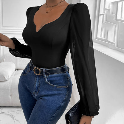 Women Clothing Black Mesh Stitching V neck Jumpsuit