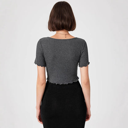 Women Clothing Summer Sexy V neck Drawstring Slimming Short Cropped Outfit Sexy Short Sleeve T shirt Top