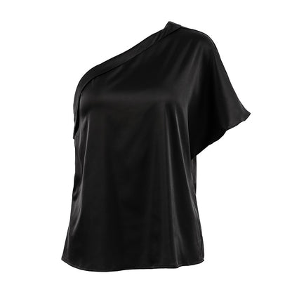 Spring Summer Irregular Asymmetric Collar Matte Satin off the Shoulder T shirt Top for Women