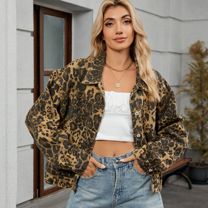 Autumn Leopard Print Patterned Denim Jacket