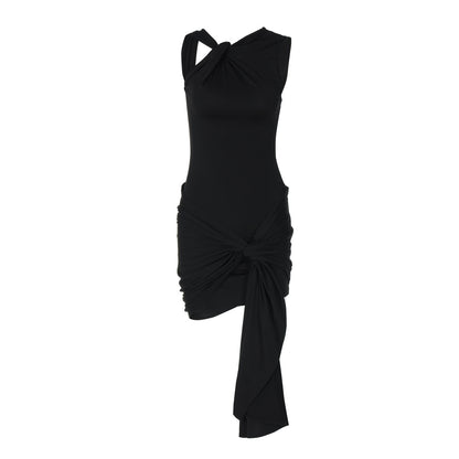 Solid Color Lace up Pleated Half Sleeved Dress