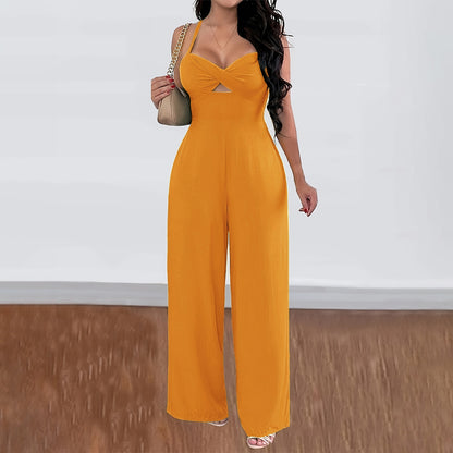 Spring Summer Casual Vacation Office Solid Color Sling Wide Leg Overalls Women Clothing
