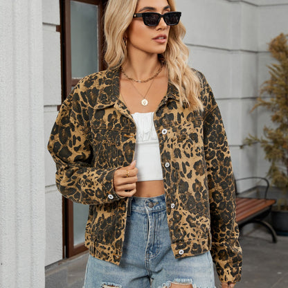 Autumn Leopard Print Patterned Denim Jacket