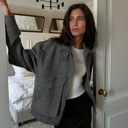 Herringbone Pattern Stand Collar Jacket