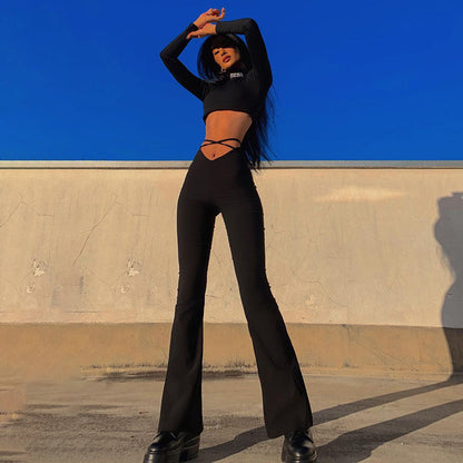 Spring New V Shaped Waist cropped Criss Cross Strap Solid Color Flared Casual Pants Women