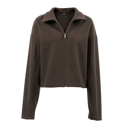 Polo Collar Long Sleeve Zipper Woolen  Casual Women Jacket