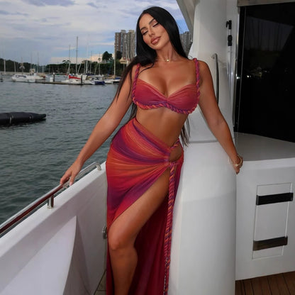 Multicolor Woven Halter Top Split Skirt Set