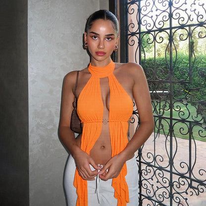 Summer Women Sexy Mesh Hollow Out Cutout Halter Lace up Backless Tassel T shirt Vest